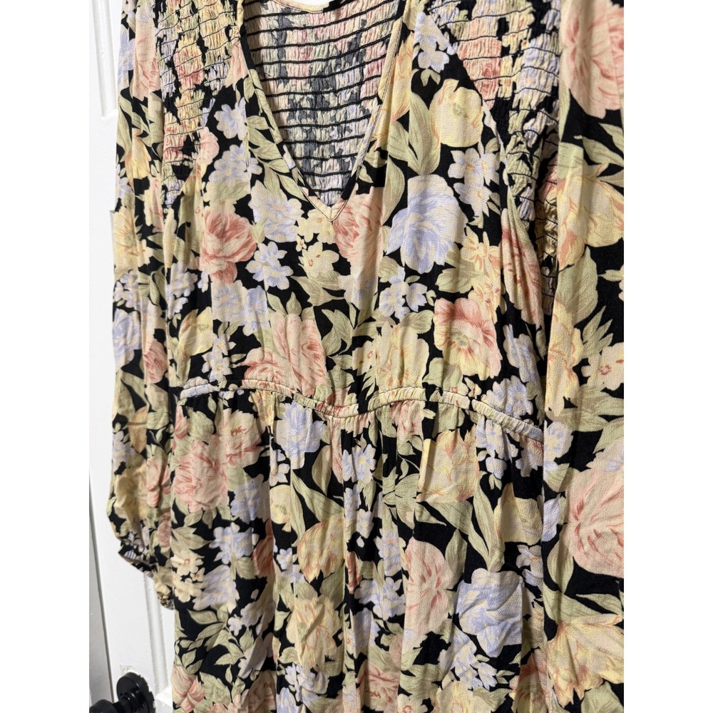 American Eagle Vintage Floral Smocked Romper Long Sleeve Pockets Black Large - Picture 10 of 11